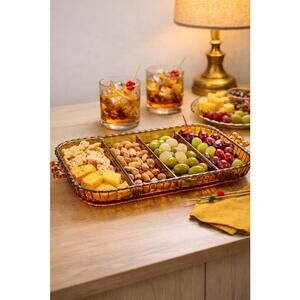 Indiana Glass 1970s Amber Fruits High Relief Divided Relish Tray, 12.5x9x1.5”